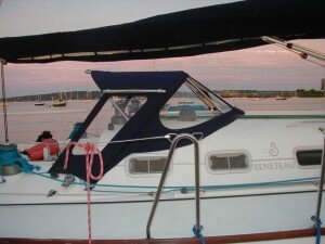 Beneteau with drop top dodger side