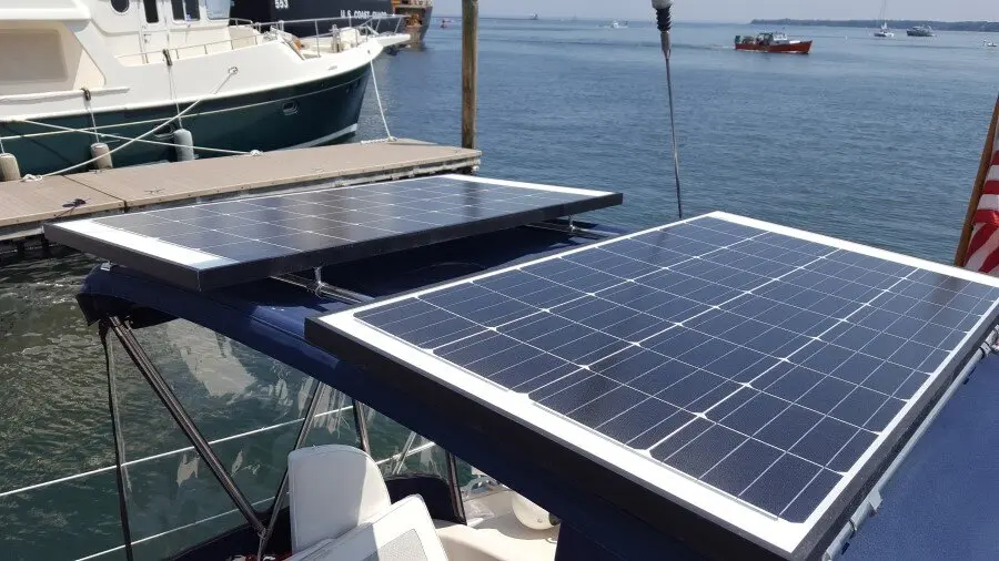 Twin solar panels on frame on bimini